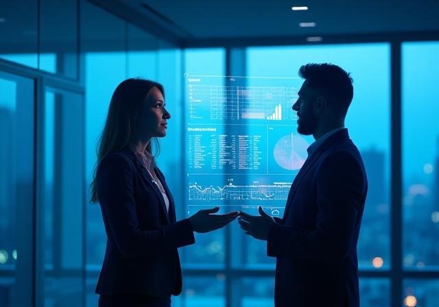 C-suite executives discussing digital strategy in a high-tech boardroom